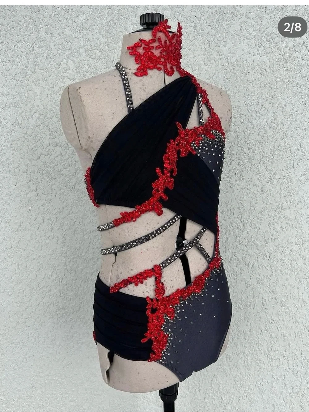 Black, Gray and Red One-Piece Dance Costume with Crystal Accents